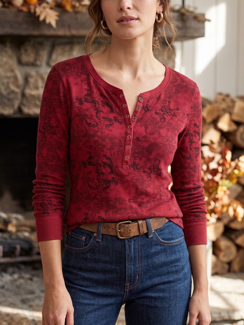 Eddie Bauer Red Henley Thermal Waffle Knit Whimsigoth Grunge Damask Top